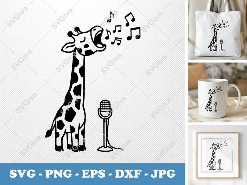 Giraffe Singing SVG | Music Notes Microphone Cut File | PNG EPS DXF for Cricut Silhouette, Vocal Animal Clipart