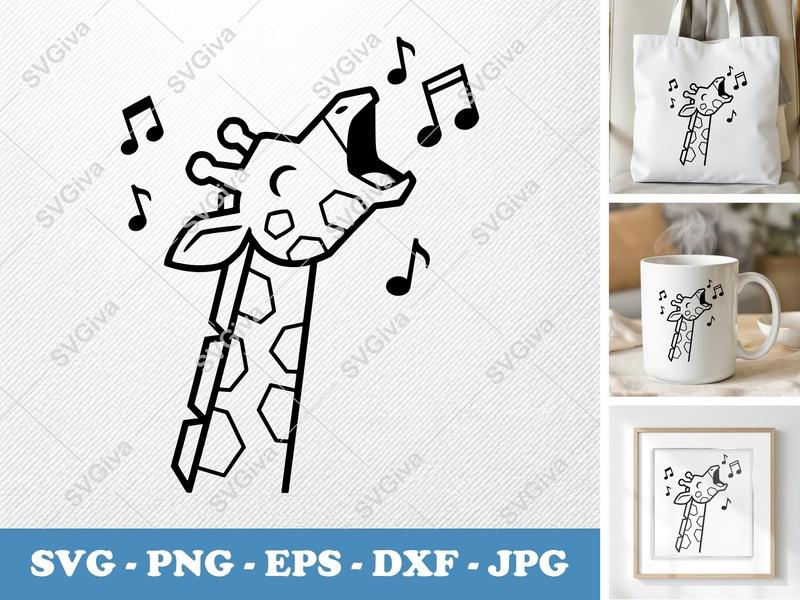 Giraffe Singing SVG | Music Notes PNG, EPS, DXF | Cute Animal Clipart for Cricut, Silhouette, Cutting Machines
