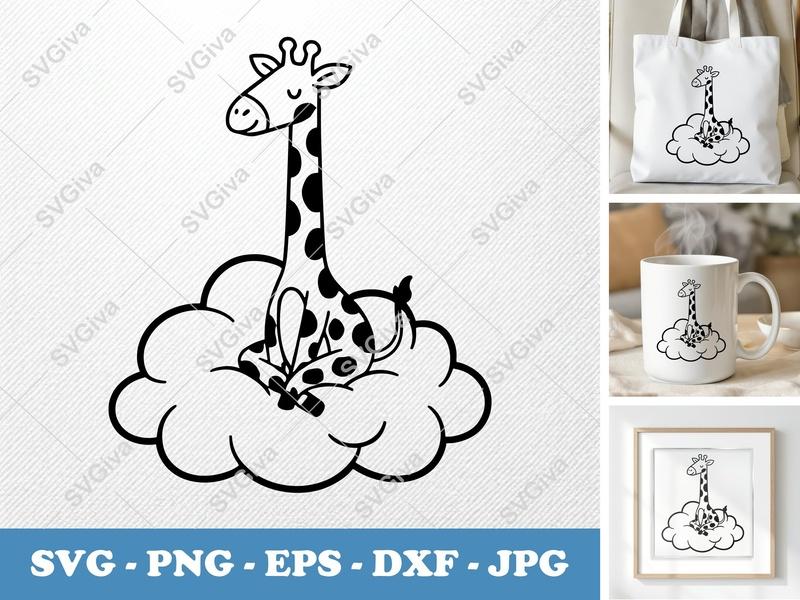 Giraffe Sitting on a Cloud SVG, Friendly Rounded Body Bean-Shaped Cut File | PNG DXF EPS | Cricut Silhouette Design