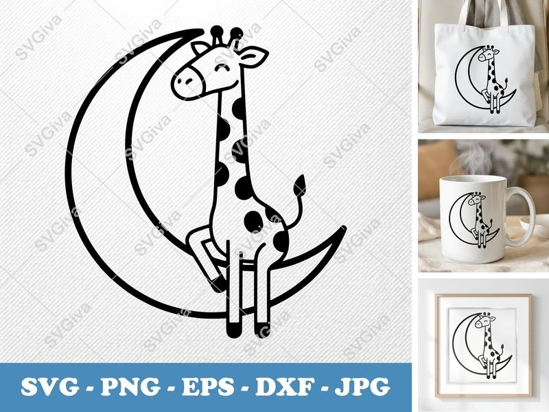 Giraffe Sitting on a Moon SVG | Minimalist Bold Contour Cut File | PNG DXF EPS | Cricut Silhouette Design