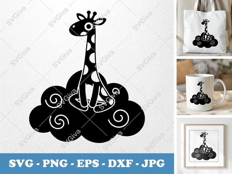 Giraffe Sitting on Cloud SVG, Cute Animal Cut File, PNG, EPS, DXF for Cricut & Silhouette, Baby Nursery Decor