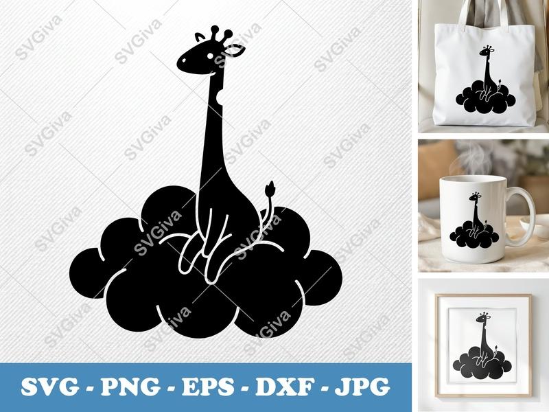 Giraffe Sitting on Cloud SVG | Cute Animal Cut File PNG EPS DXF for Cricut, Silhouette, Nursery Decor