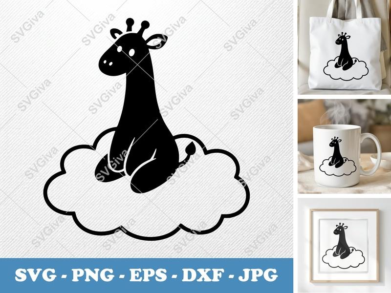 Giraffe Sitting on Cloud SVG | Cute Animal PNG, EPS, DXF | Cricut & Silhouette Cut File | Modern Nursery Decor