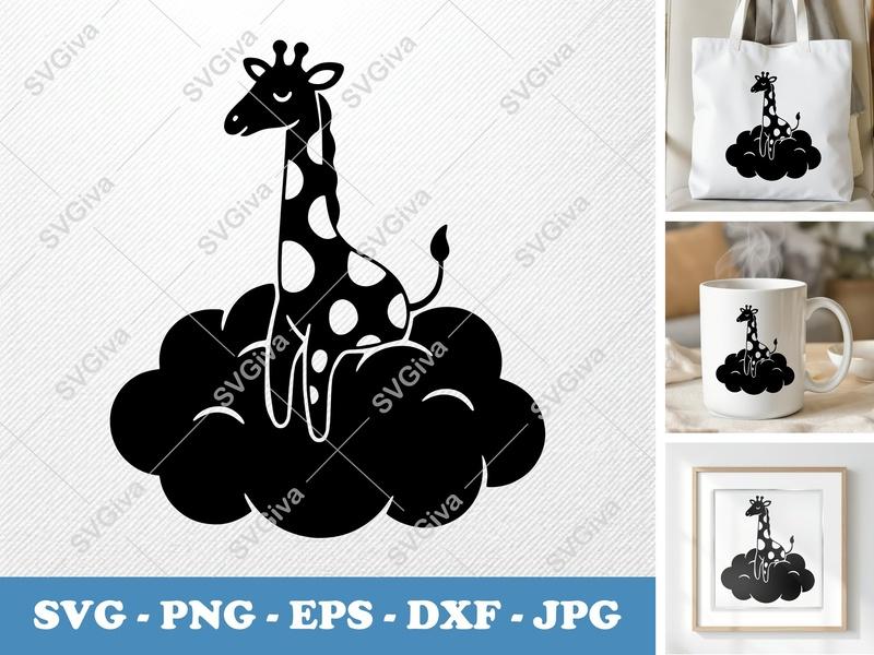 Giraffe Sitting on Cloud SVG | Cute Animal PNG, EPS, DXF Cut File | Baby Nursery Cricut Silhouette Design