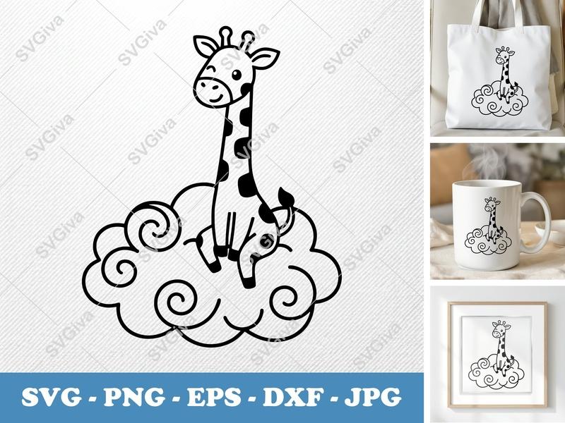 Giraffe Sitting on Cloud SVG, Cute Baby Animal PNG, EPS, DXF | Cricut & Silhouette Cut File, Nursery Decor, Modern Clean Design