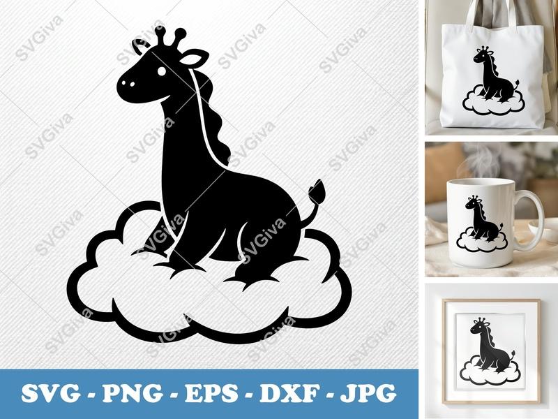 Giraffe Sitting on Cloud SVG, Cute Baby Animal PNG, EPS, DXF | Cricut & Silhouette Cut File, Nursery Decor, Modern Clipart