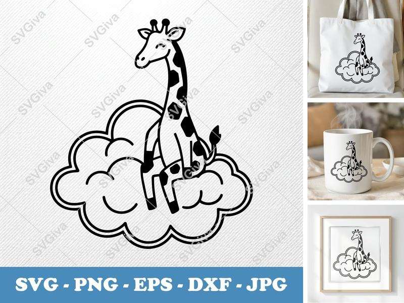 Giraffe Sitting on Cloud SVG | Double-Outline Minimalist Design | SVG PNG DXF EPS | Cricut Silhouette File