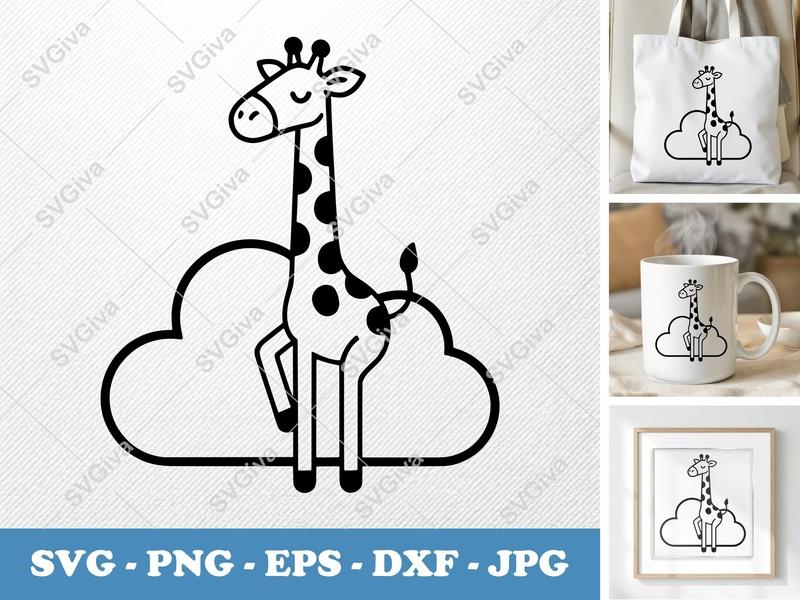 Giraffe Sitting on Cloud SVG | Minimalist Vector Cut File | Simple Character Outline | PNG DXF EPS | Cricut Silhouette Ready