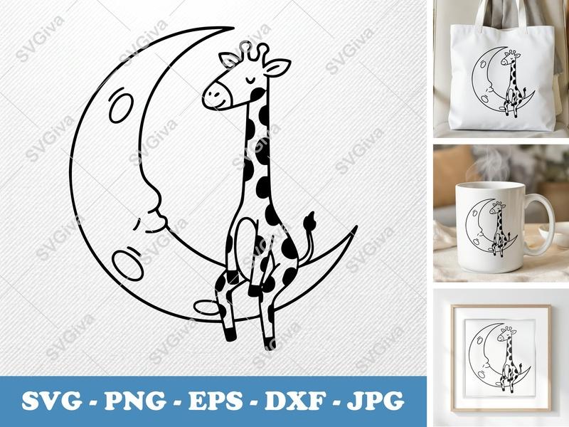 Giraffe Sitting on Moon SVG | Friendly Rounded Bean-Shaped Forms | PNG DXF EPS | Cricut Silhouette File