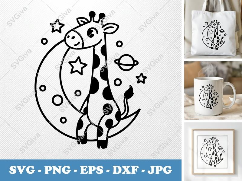 Giraffe Sitting on Moon SVG | Friendly Rounded Body Bean-Shaped Forms | PNG DXF EPS | Cricut Silhouette