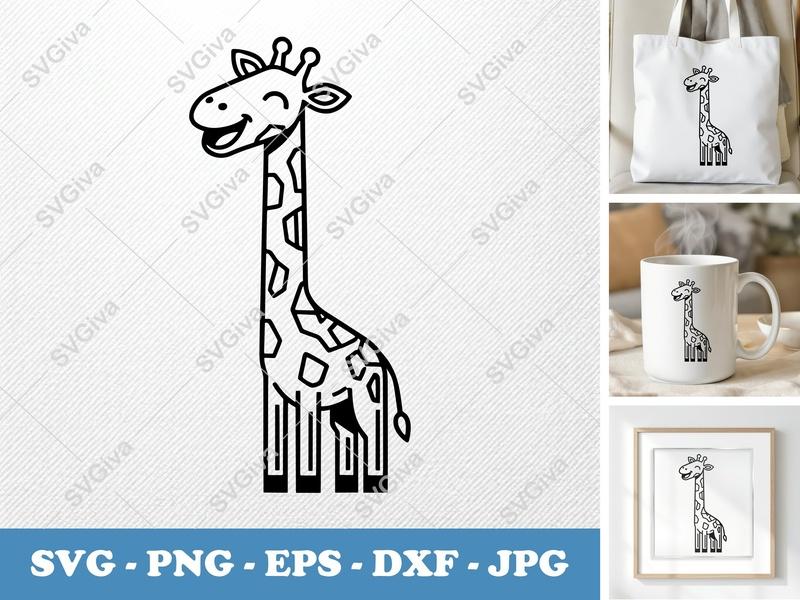 Giraffe Smiling Happily SVG | Double-Outline Minimalist Cut File | PNG DXF EPS for Cricut Silhouette