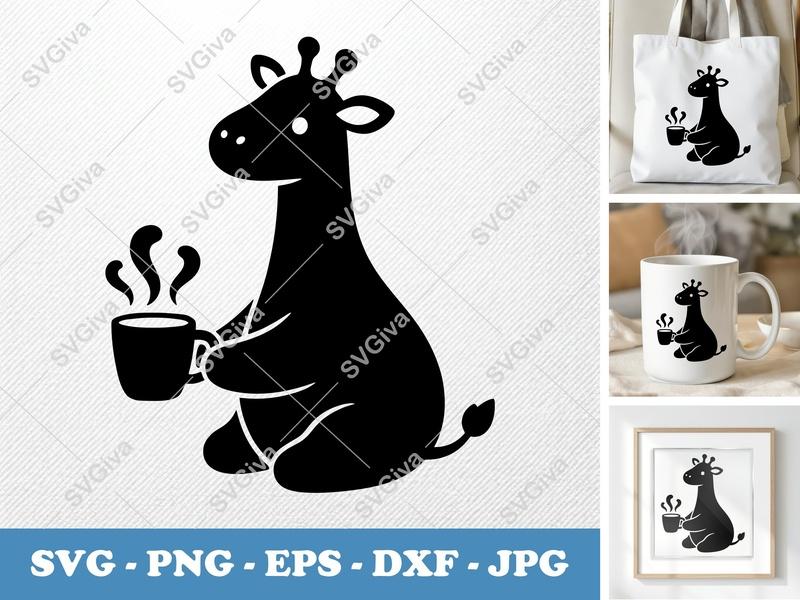 Giraffe SVG, Coffee Mug Silhouette, Cute Animal Cut File, PNG EPS DXF for Cricut & Silhouette, Modern Design