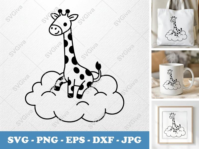Giraffe SVG, Cute Cloud Giraffe Cut File, Baby Animal PNG, EPS, DXF for Cricut & Silhouette, Nursery Decor Clipart