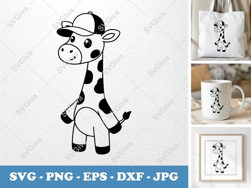 Giraffe SVG, Cute Giraffe with Cap, Cartoon Animal Cut File, SVG PNG EPS DXF for Cricut & Silhouette