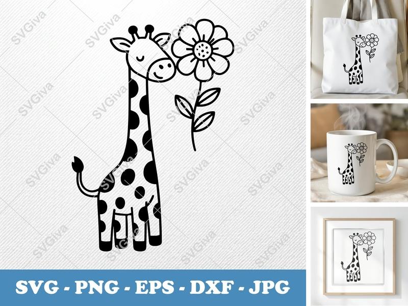 Giraffe SVG, Cute Giraffe with Flower, Modern Animal Clipart, PNG EPS DXF for Cricut, Silhouette, Vector Cut File