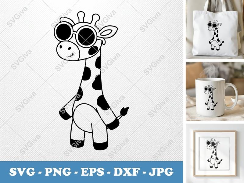 Giraffe SVG, Cute Giraffe with Glasses, Cartoon Animal Cut File, PNG EPS DXF for Cricut Silhouette