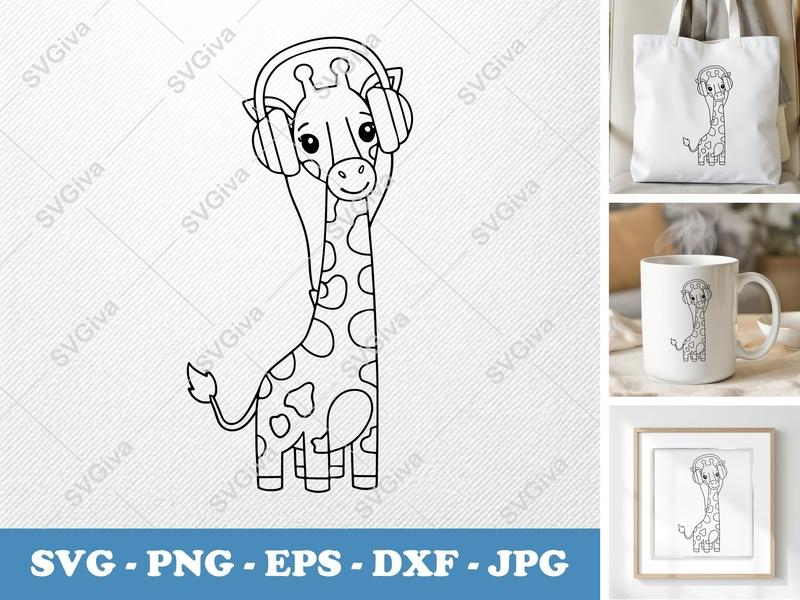 Giraffe SVG, Cute Giraffe with Headphones, Kids Animal PNG EPS DXF for Cricut, Silhouette, Safari Baby, Nursery Art