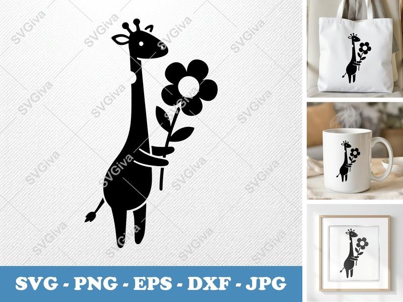 Giraffe SVG, Cute Modern Giraffe with Flower, Jungle Animal Clipart | PNG EPS DXF for Cricut Silhouette