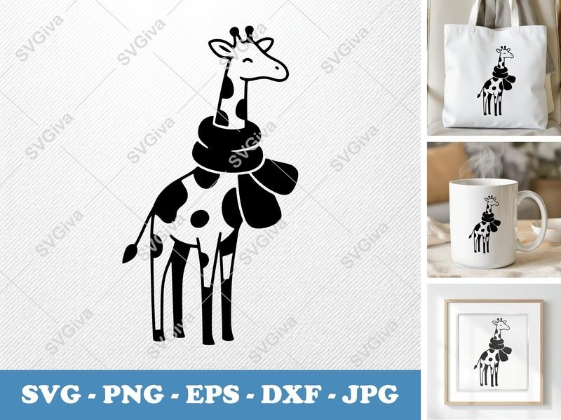 Giraffe SVG, Cute Scarf Giraffe Clipart, Modern Animal Cut File for Cricut, Silhouette | PNG EPS DXF