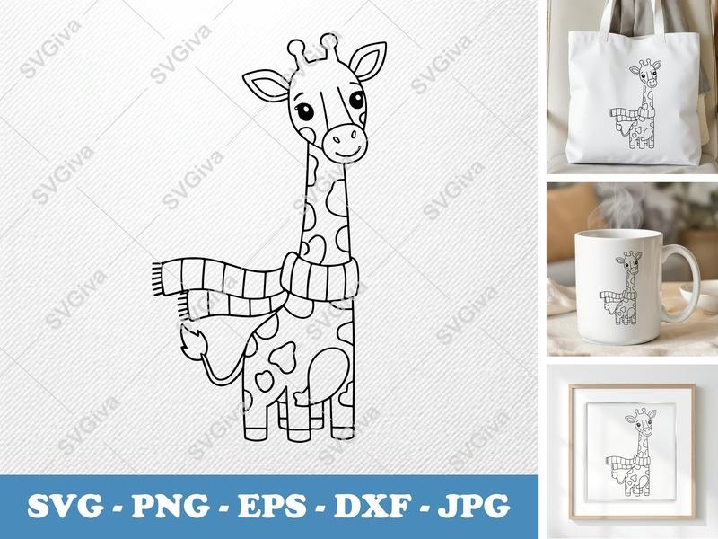 Giraffe SVG, Cute Scarf Giraffe Outline, Animal Cut File, Safari PNG, EPS, DXF for Cricut, Silhouette, Vector Clipart