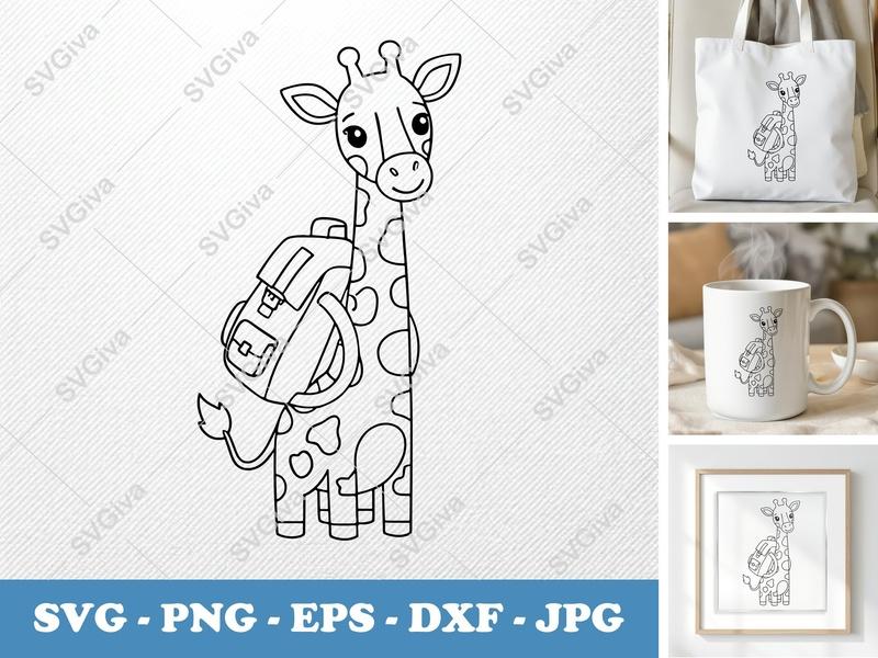 Giraffe SVG, Cute School Backpack Animal, Outline Clipart | PNG EPS DXF for Cricut Silhouette Cutting Files