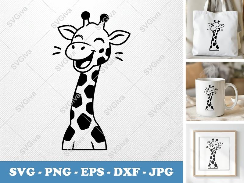Giraffe SVG | Happy Cartoon Giraffe Head, Modern Clean Design | PNG EPS DXF for Cricut & Silhouette