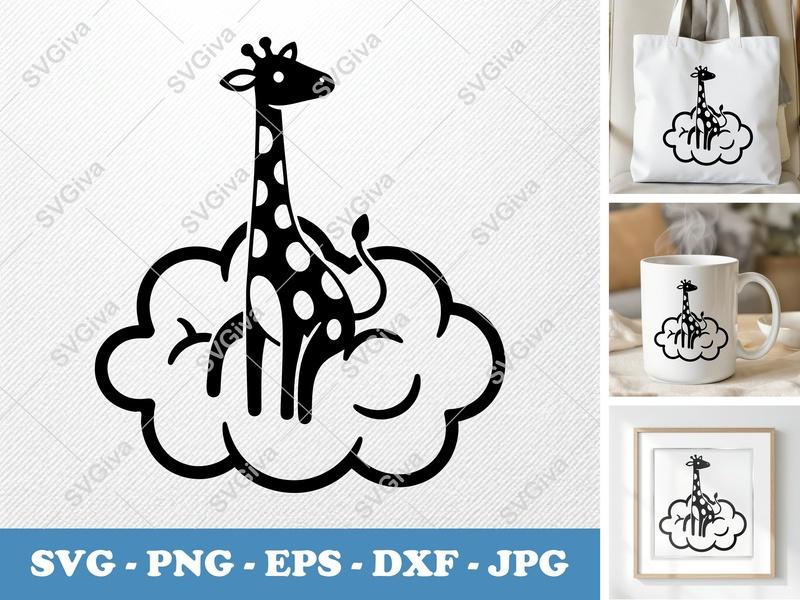 Giraffe SVG, Modern Giraffe on Cloud Cut File, Clean Design, SVG PNG EPS DXF for Cricut Silhouette