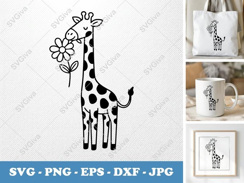 Giraffe SVG with Flower | Friendly Bean-Shaped Design | Rounded Body Cut File | PNG DXF EPS | Cricut Silhouette