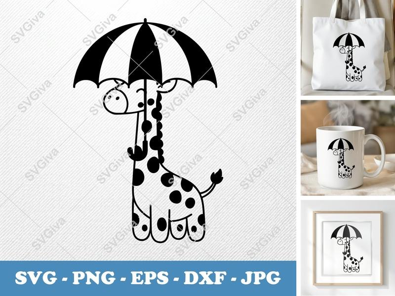 Giraffe SVG with Umbrella | Cute Animal Cut File | PNG EPS DXF for Cricut Silhouette