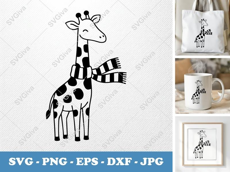 Giraffe wearing a scarf SVG | Friendly Bean-Shaped Cut File | PNG DXF EPS for Cricut Silhouette