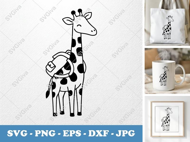 Giraffe Wearing Backpack SVG | Friendly Bean-Shaped Design | PNG DXF EPS | Cricut Silhouette File