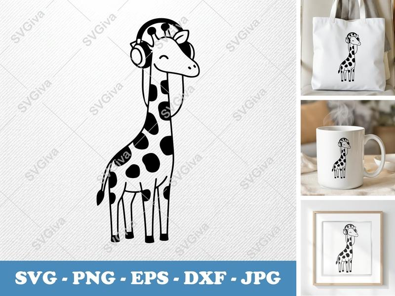 Giraffe wearing headphones SVG | Friendly Rounded Bean-Shaped Design | PNG DXF EPS | Cricut Silhouette File