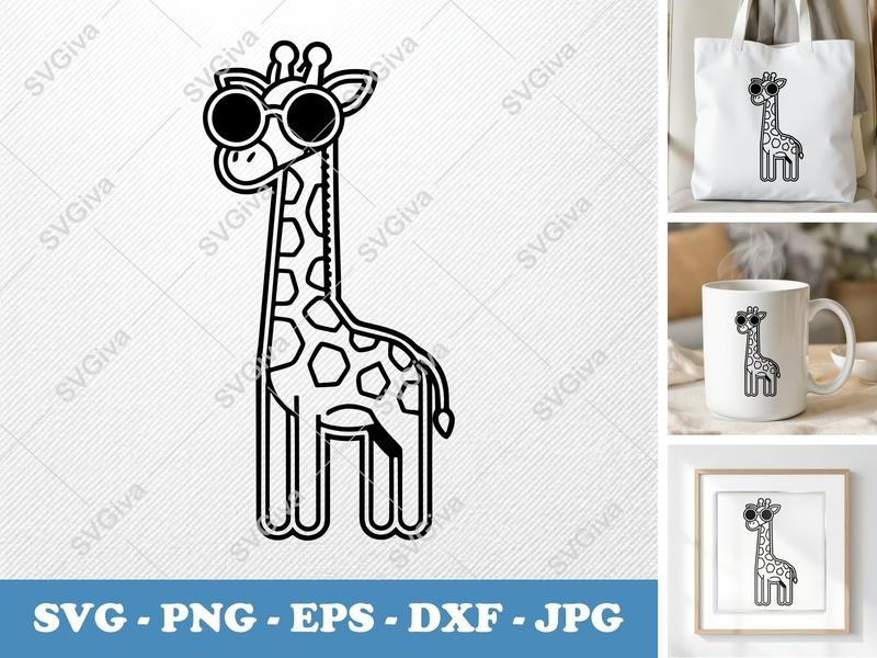 Giraffe wearing sunglasses SVG | Double Outline Minimalist Cut File | Thick Contour Thin Lines PNG DXF EPS | Cricut Silhouette Design