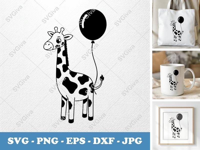 Giraffe With Balloon SVG | Cute Animal Cut File | PNG EPS DXF | Cricut Silhouette Design | Safari Birthday Clipart