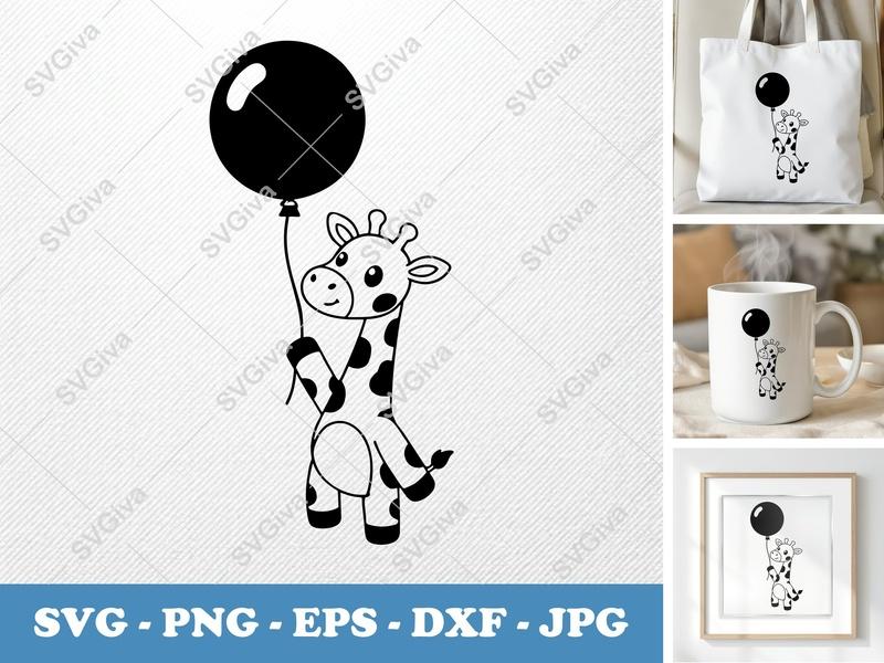 Giraffe with Balloon SVG, Cute Animal Outline, PNG, EPS, DXF for Cricut & Silhouette, Modern Nursery Clipart