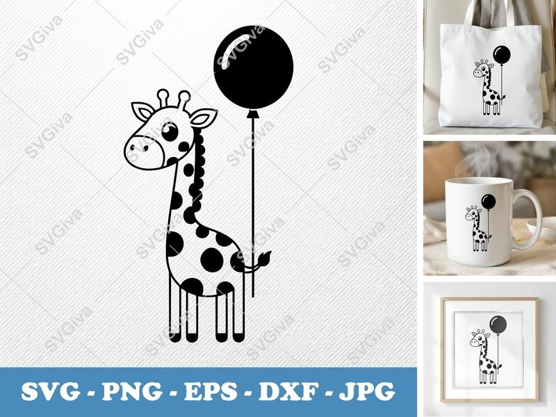 Giraffe with Balloon SVG, Cute Animal PNG, EPS, DXF Cut File for Cricut, Silhouette, Baby Shower Decor, Kids Room Art