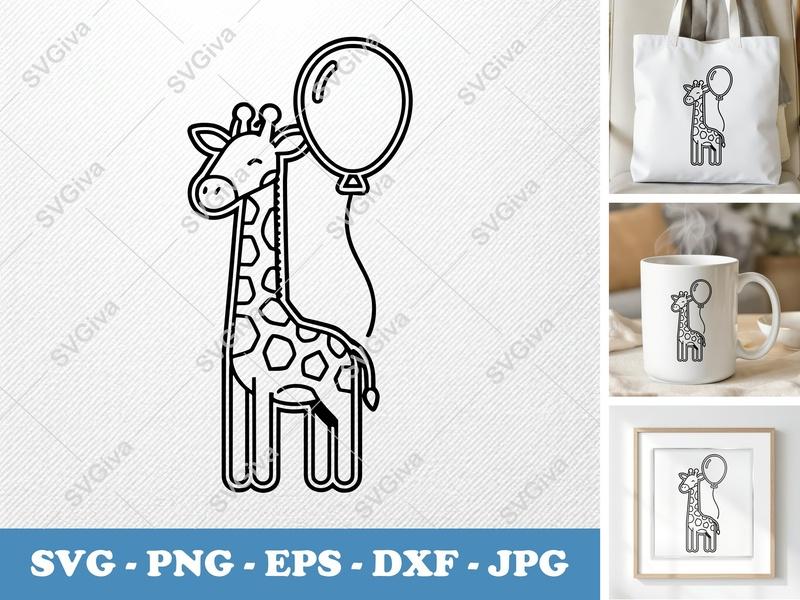 Giraffe with Balloon SVG | Minimalist Double-Outline Cut File | Thick Contour, Thin Lines, Basic Shapes | PNG DXF EPS for Cricut Silhouette