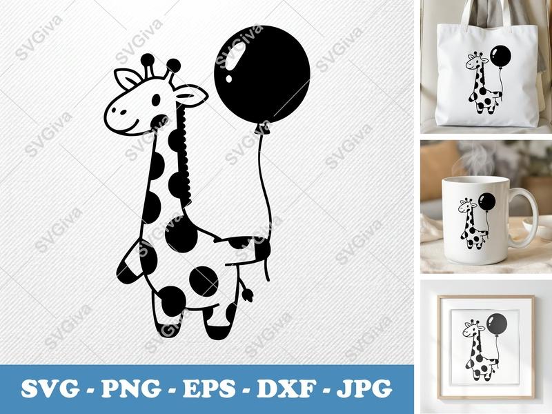 Giraffe with Balloon SVG PNG DXF EPS | Cricut Silhouette Cut File | Cartoon Animal Vector Art