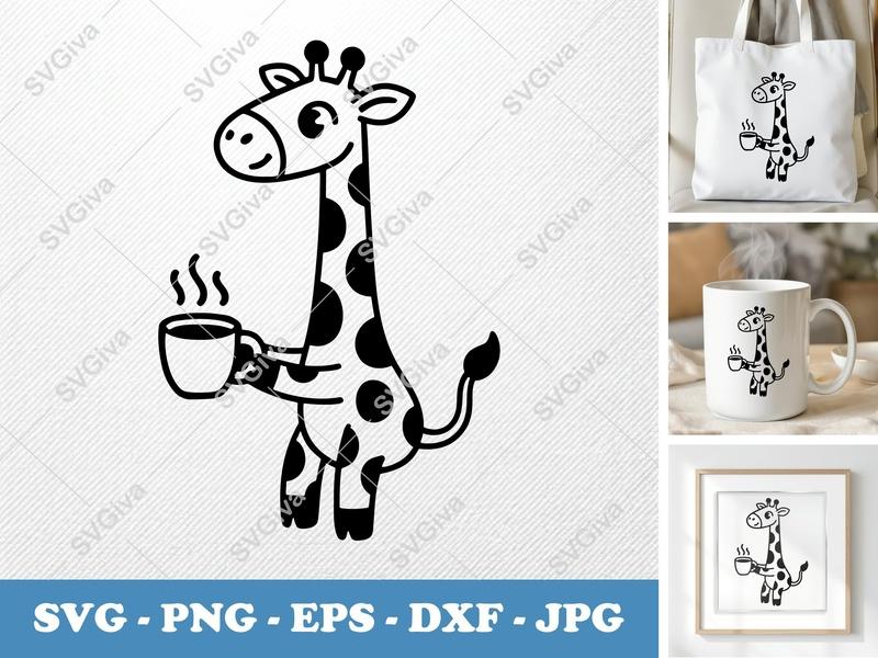 Giraffe with coffee cup SVG | Friendly Rounded Bean-Shaped Cut File | PNG DXF EPS | Cricut Silhouette