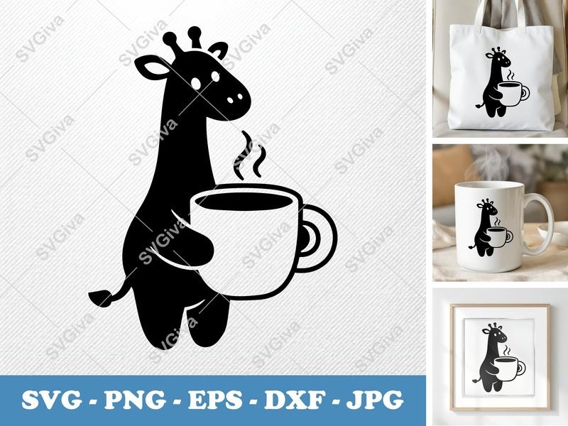 Giraffe With Coffee SVG | Cute Animal Mug PNG, EPS, DXF | Cricut & Silhouette Cut File | Modern Clean Design