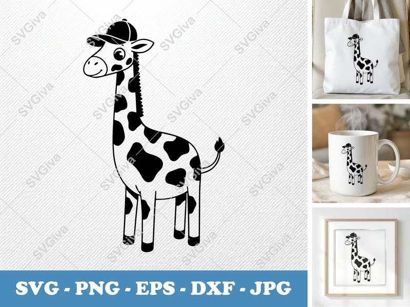 Giraffe with Hat SVG, Cute Giraffe Cut File, Animal PNG, EPS, DXF for Cricut & Silhouette, Kids Clipart