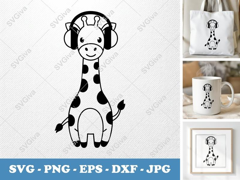 Giraffe with Headphones SVG | Cute Animal Cut File PNG EPS DXF for Cricut, Silhouette | Modern Design