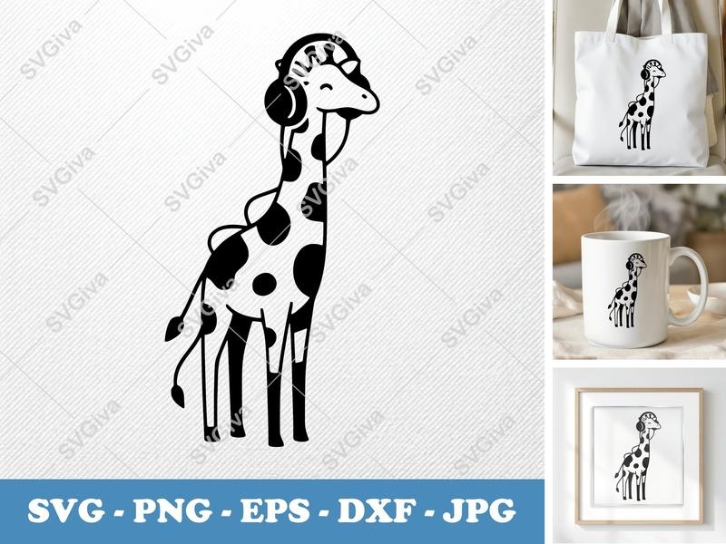 Giraffe with Headphones SVG, Modern Clean Design PNG EPS DXF | Cricut Silhouette Cut File, Animal Clipart