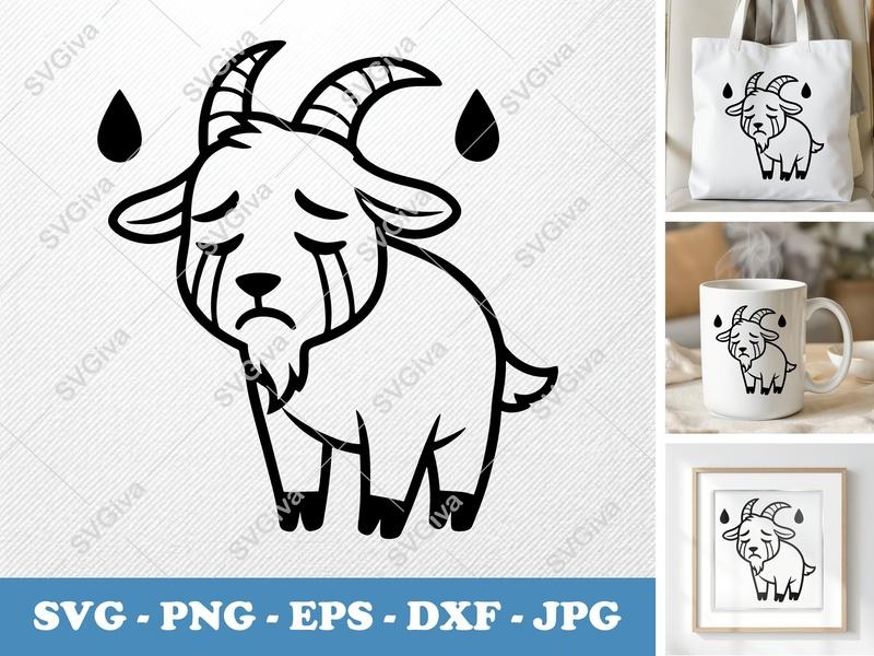 Goat Crying SVG | Sad Cartoon Goat PNG EPS DXF | Cricut Silhouette File | Cute Animal Clip Art | Modern Farm Life Design