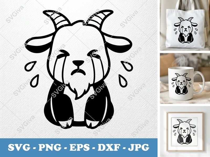 Goat Crying SVG | Sad Farm Animal Cut File | PNG EPS DXF for Cricut & Silhouette | Cute Crying Goat Design