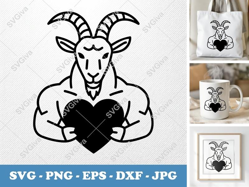 Goat Holding Heart SVG | Double-Outline Minimalist Design | PNG DXF EPS | Cricut Silhouette File