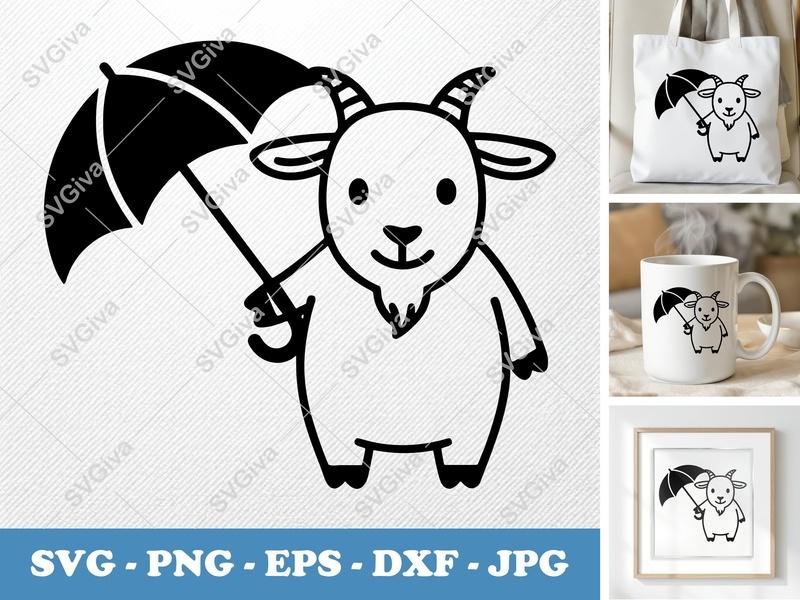 Goat Holding Umbrella SVG PNG DXF EPS | Cricut Silhouette Cut File Vector