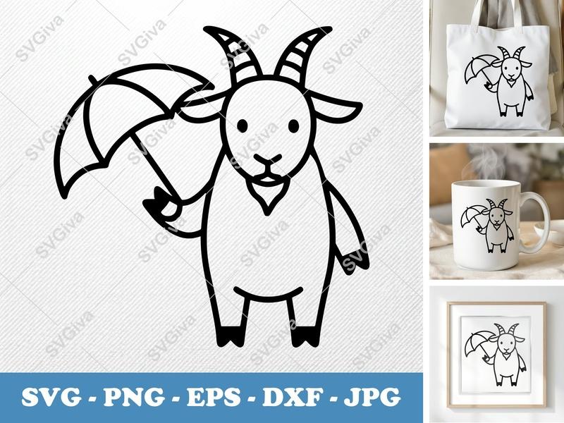 Goat Holding Umbrella SVG PNG DXF EPS | Farm Animal Cut File Cricut Silhouette