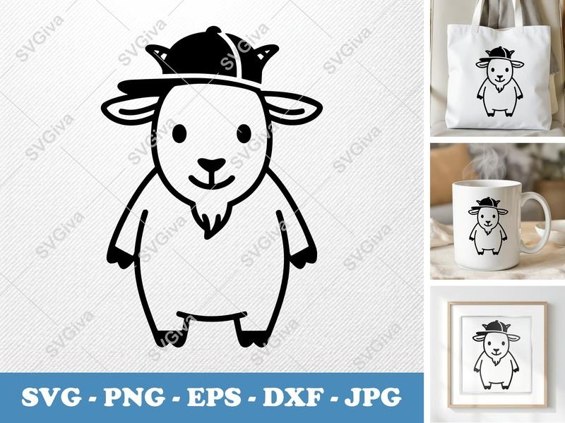 Goat in a Cap SVG PNG DXF EPS | Farm Animal Cut File Cricut Silhouette | Cute Character Vector Art