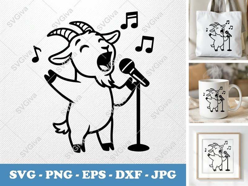 Goat Singing SVG, Bold Contour Cartoon Cut File | PNG DXF EPS | Cricut Silhouette Minimalist Design